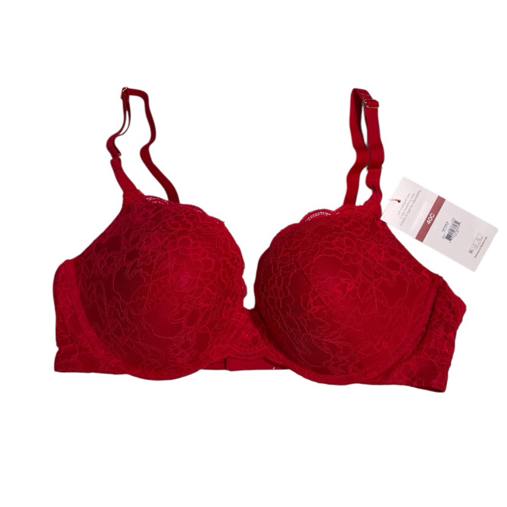 Push up bra medium lift plunge neckline In brilliant red lace 40C underwire NWT